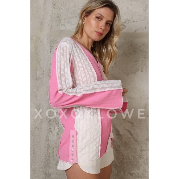 POL Bubblegum Pink + White Lace Patchwork Long Sleeve Henley Top - Picture 9 of 12